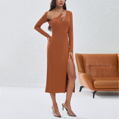 Women Clothing Sexy Irregular Asymmetric Hollow Out Cutout Out Slim Fit Solid Color Oblique Shoulder Fashionable Craftily Designed Off Shoulder Dress