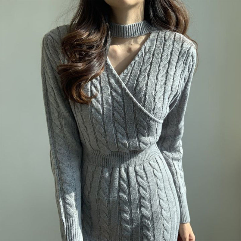 Chic Personality All Match Round Neck Hemp Pattern Front Back Wearable Design Sneaky Design Split Sweater Dress Women