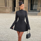 Autumn Winter Women Clothing High Class Elegant Backless round Neck A line dress Solid Color Slim Fit Long Sleeves Dress