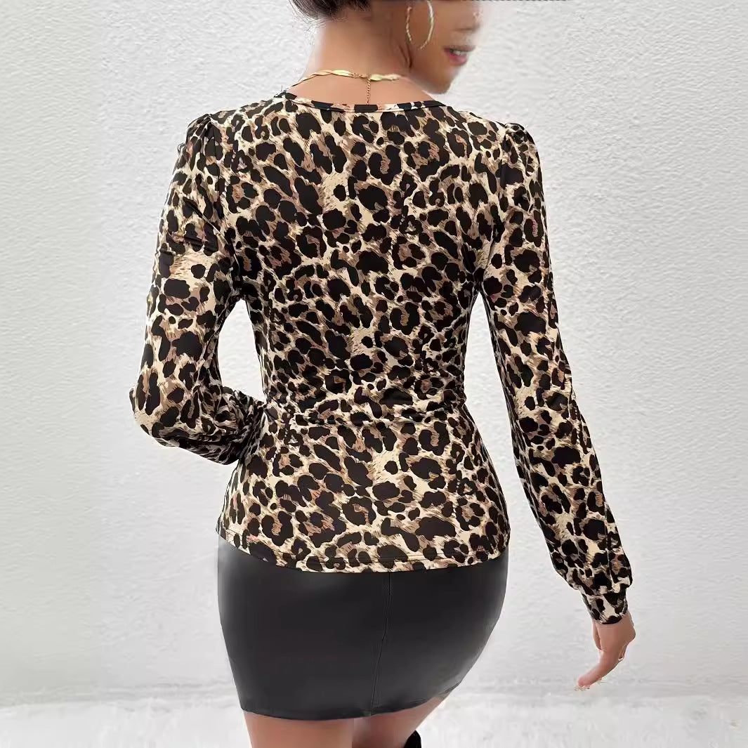 Autumn Winter Leopard Print Lace Stitching Collar Pleated T shirt Top for Women