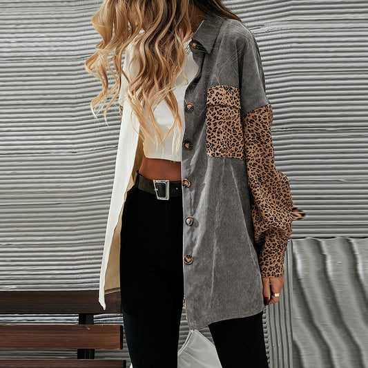 Gray Color Block Leopard Patch Corduroy Pullover Women Mid Length Long Sleeve Jacket