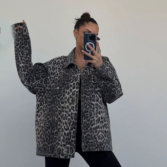 Vintage Leopard Print Niche Collared Denim Coat Spring Fashionable Loose Trendy Jacket