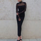 Elegant Women Clothing Half Turtleneck Mesh Slim Fit Patchwork Sexy Padded Shoulder Solid Color High Sense Maxi Dress Women