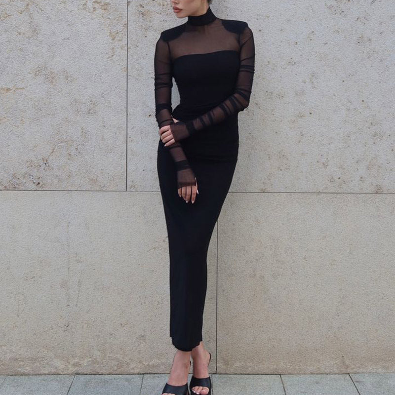 Elegant Women Clothing Half Turtleneck Mesh Slim Fit Patchwork Sexy Padded Shoulder Solid Color High Sense Maxi Dress Women