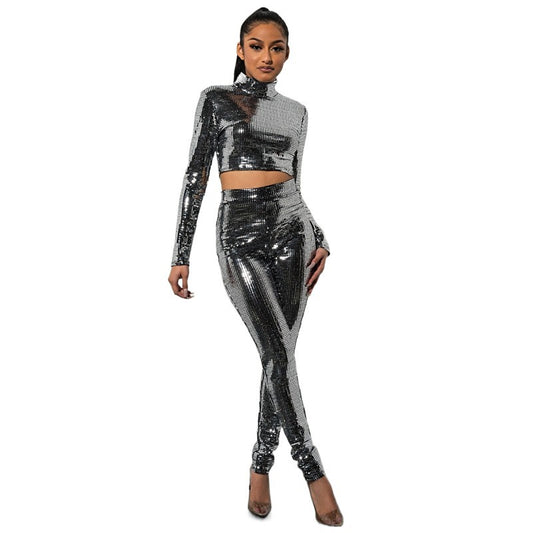 Long Sleeve Turtleneck Exposed Back Sequined Two-Piece Set