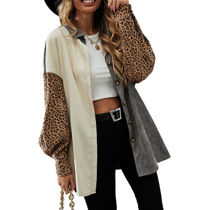 Gray Color Block Leopard Patch Corduroy Pullover Women Mid Length Long Sleeve Jacket