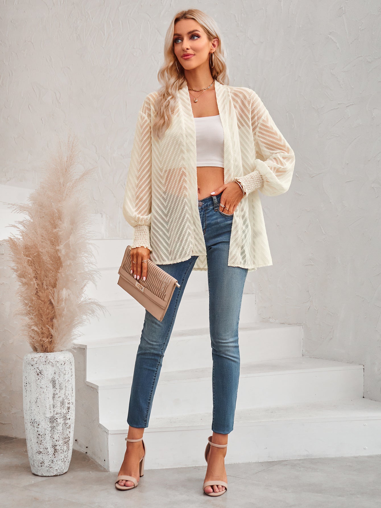 Women Casual Solid Color Loose Smocking Jacquard Cardigan Top