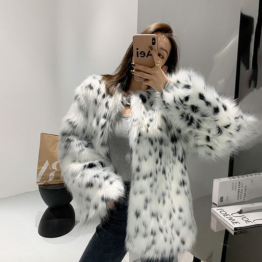 Women Leopard Print Fox Fur Fur Coat Mid-Length Spotted Plush Coat Thick Loose Windbreaker Tide