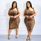 Plus Size Sexy Dress Leopard Print Irregular Asymmetric Collar Sleeveless Mid-Length Dress