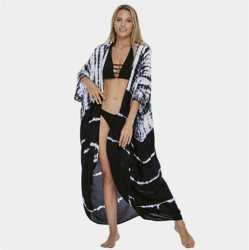 Rayon Printed Beach Cover-up Sexy Cardigan Belt Sun Protection Shirt Beach Cover Up