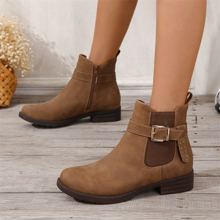 Elastic Buckle Side Zipper Women Flat Boots