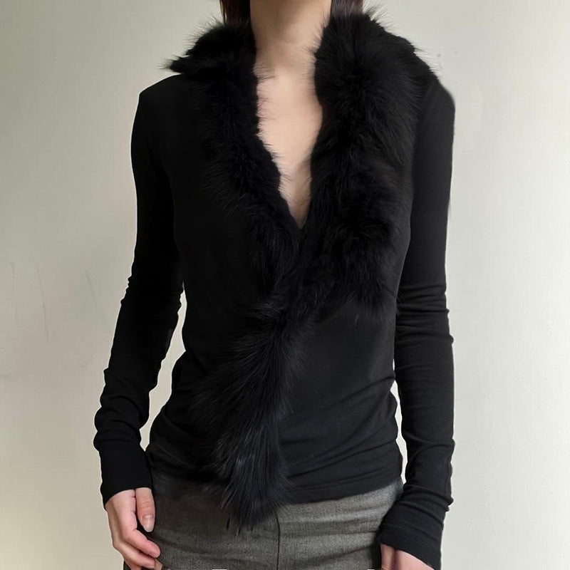 Women Clothing Elegant Lady Fur Collar Stitching Black Slimming Top Sexy Long Sleeve Bottoming Sweater