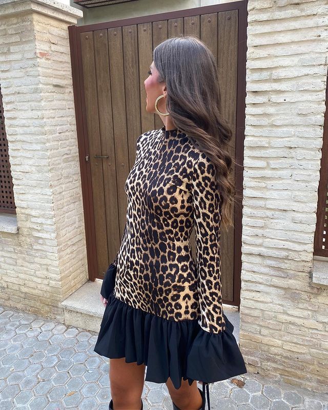 Autumn Leopard Print Patchwork Flared Sleeves Slim Mini Long Sleeve Dress