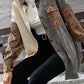 Gray Color Block Leopard Patch Corduroy Pullover Women Mid Length Long Sleeve Jacket