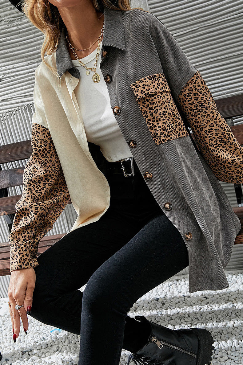 Gray Color Block Leopard Patch Corduroy Pullover Women Mid Length Long Sleeve Jacket