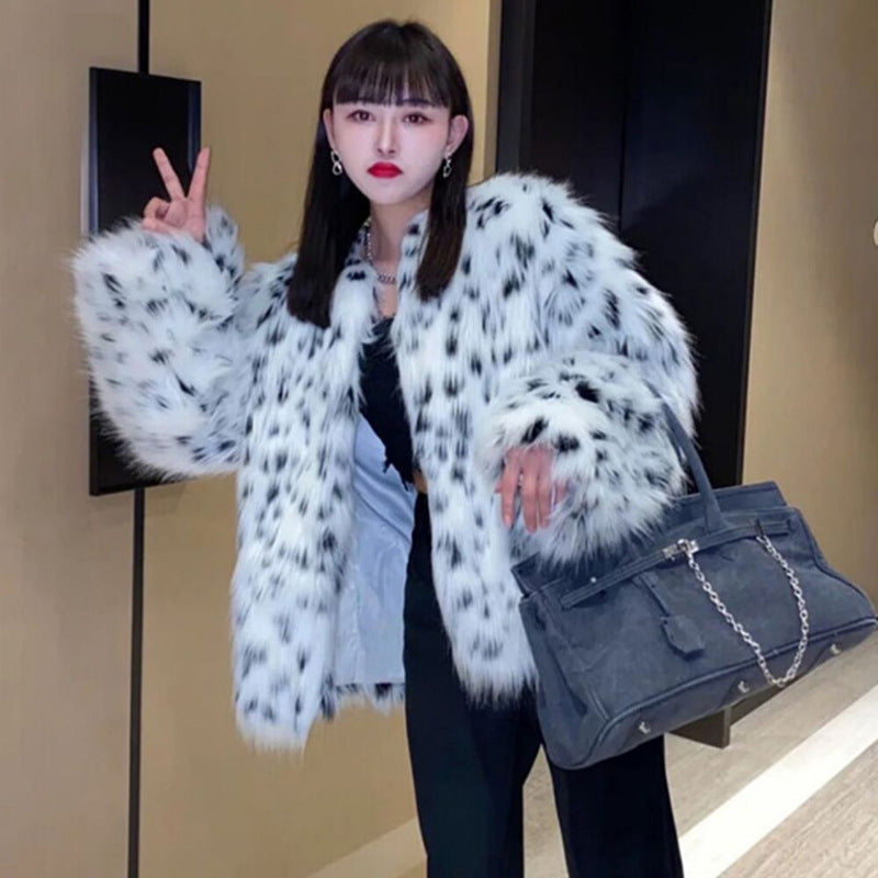 Women Leopard Print Fox Fur Fur Coat Mid-Length Spotted Plush Coat Thick Loose Windbreaker Tide