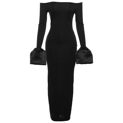 Autumn Winter Women Clothing Sexy off Neck Long Sleeve Puffed Sleeves Split Dress