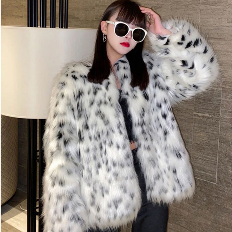 Women Leopard Print Fox Fur Fur Coat Mid-Length Spotted Plush Coat Thick Loose Windbreaker Tide