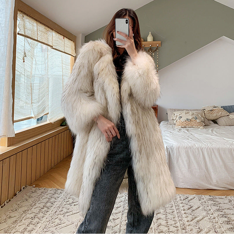 Women Raccoon Fur Coat Women Long Fox Fur Collar Fur Coat Loose Casual Trench Coat