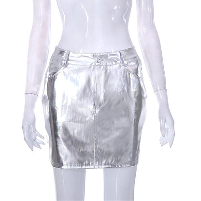 Metallic Coated Fabric Street Faux Leather Splicing Skirt Summer Trendy High Waist Skirt