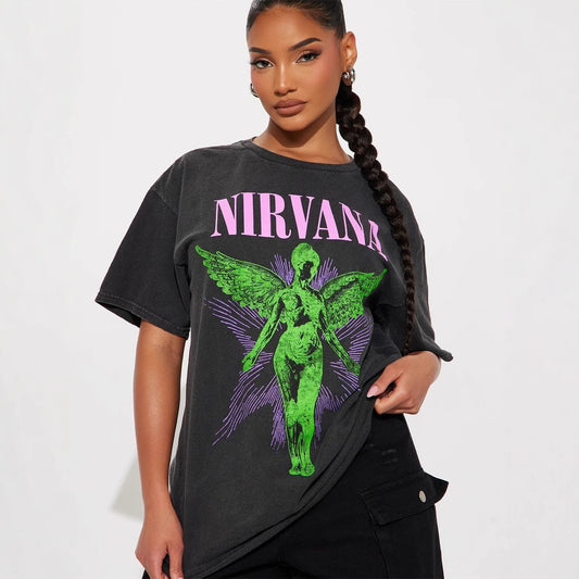 Trendy Street Printed Loose Casual Contrast Color V neck Short-Sleeved Top T shirt Women