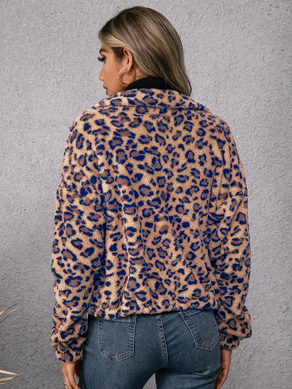 Leopard Print Collared Zipper Furry Jacket Long Sleeve Fleece Sweatshirt Coat Women