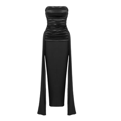 Women Black Tube Top Pleated Ribbon Dress