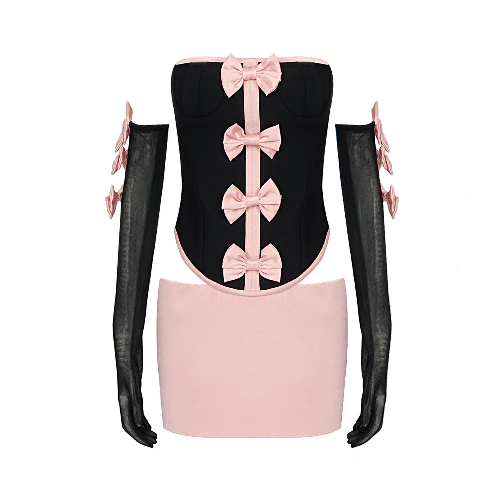 Pink Bow Tube Top Gloves Short Skirt Four Piece Set Suit Short Women Wear
