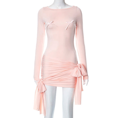 Gentle Sweet Pink Bow Special Interest Design Pleated Three Dimensional Decoration Sheath Dress Women