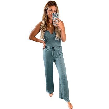 Women Clothing Summer Pajamas Women Solid Color Suspender Trousers Casual Ladies Home Casual Suit