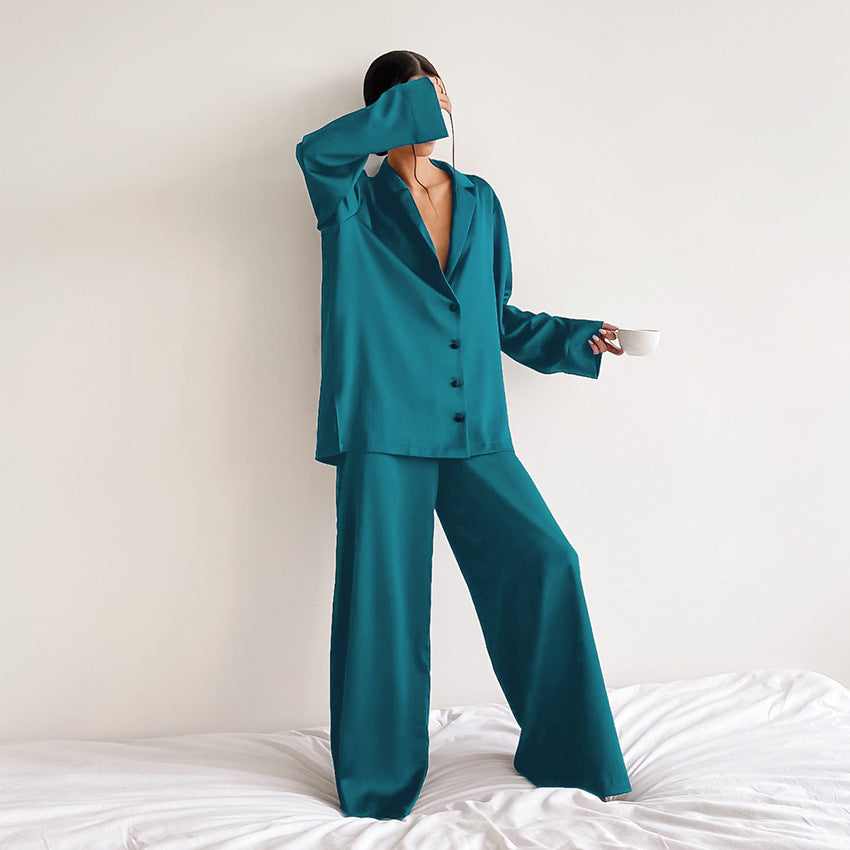 Printemps été bleu mince femmes maison soie couleur unie pyjamas glace soie lâche peut être porté à l'extérieur