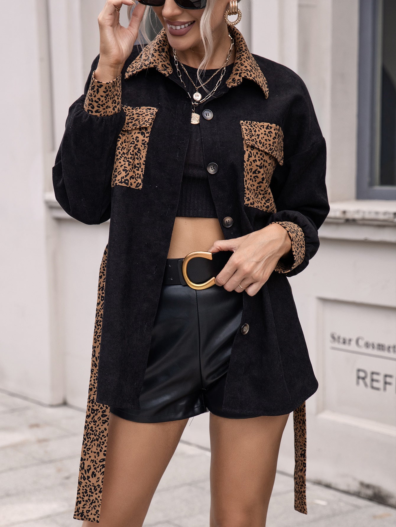 Casual Single Breasted Leopard Splicing Trench Coat Office Jacket Coat Top Women