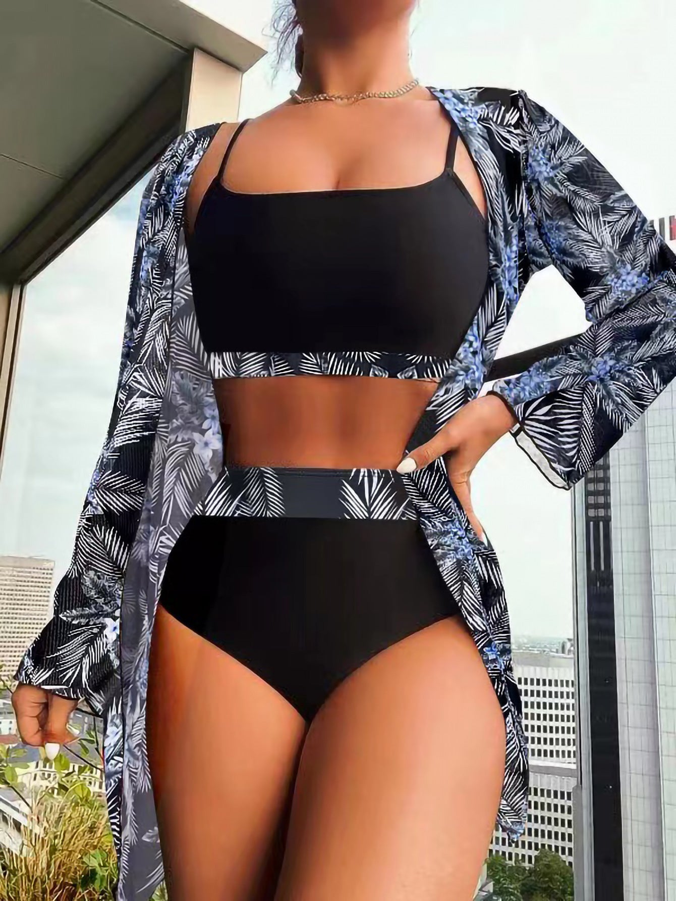 Maillot de bain femme Split trois pièces costume taille haute manches longues chemisier ombre costume