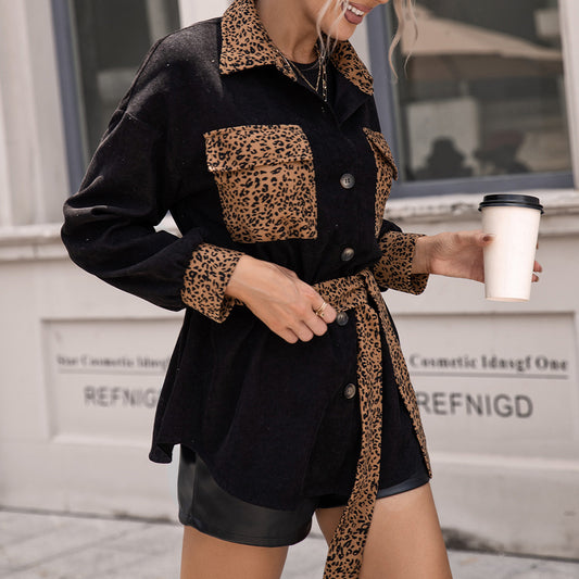 Casual Single Breasted Leopard Splicing Trench Coat Office Jacket Coat Top Women