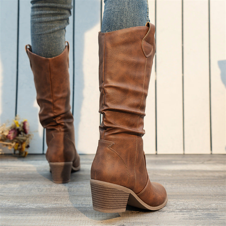 Pleated High Top round Toe High Heel Women Boots