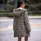 Autumn Winter Elegant Women Hooded Long Sleeve Loose Pockets Mid Length Cardigan Fluffy Leopard Coat Women