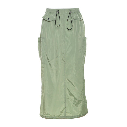 Women Clothing Summer High Waist Pocket Drawstring Solid Color Back Slit Casual Skirt
