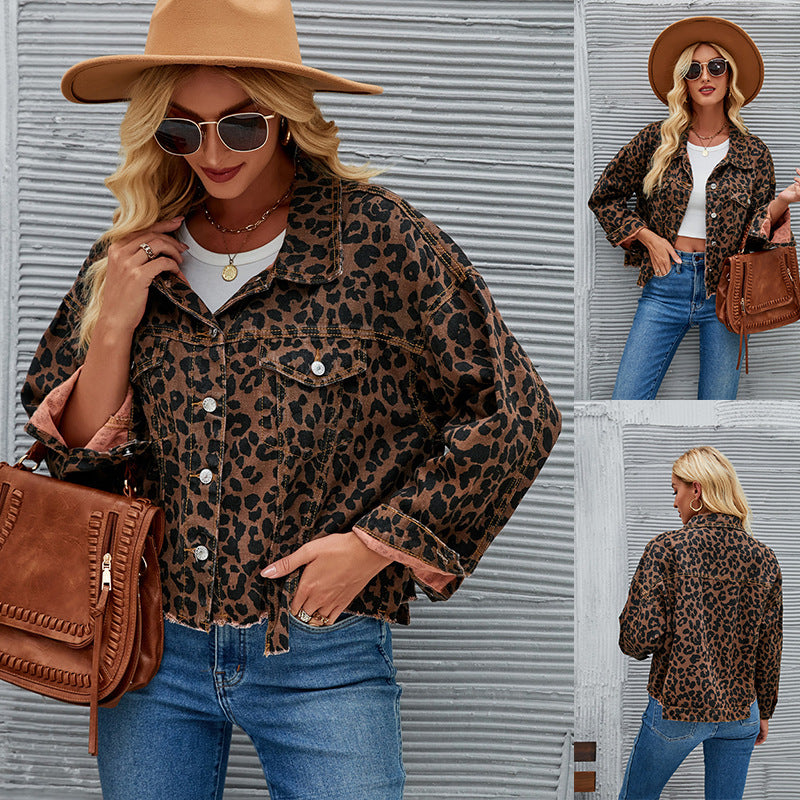 Loose Street Personality Leopard Print Denim Short Coat Women