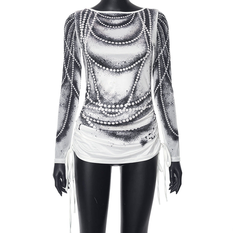 Fashionable Trendy 3D Bead Necklace Printed Drawstring Long Sleeved Top Women Clothing Autumn