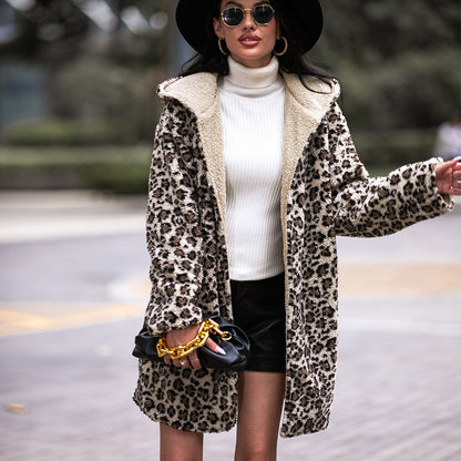 Autumn Winter Elegant Women Hooded Long Sleeve Loose Pockets Mid Length Cardigan Fluffy Leopard Coat Women