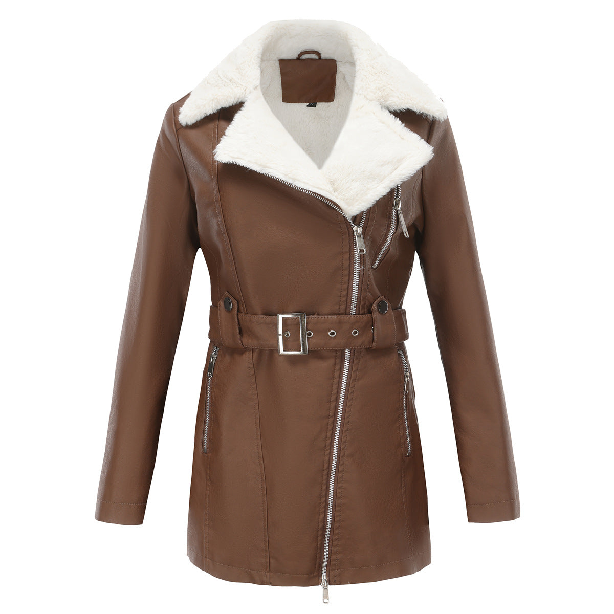 Autumn Winter Long Sleeved Fleece Leather Jacket Women Collared Double Headed Zipper With Belt Warm Coat