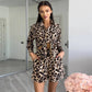 Summer Women Leopard Print Long Sleeve Cardigan Shirt Women Shorts Women Two Piece Set