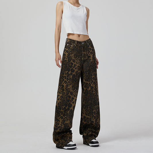 Retro Wide Leg Jeans Women High Street Leopard Print Loose Slimming Wide Leg Pants Jeans