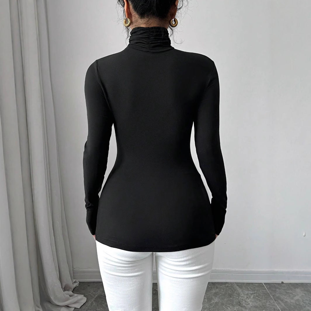 Spring Women Black Sexy Turtleneck Floral Applique Long Sleeved Fitted T shirt Top Women