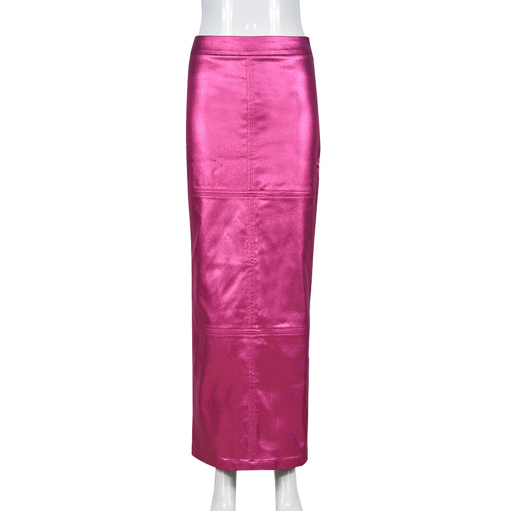 Metallic Coated Fabric Slim Fit Sheath Patchwork Slit Bright Leather Women Skirt