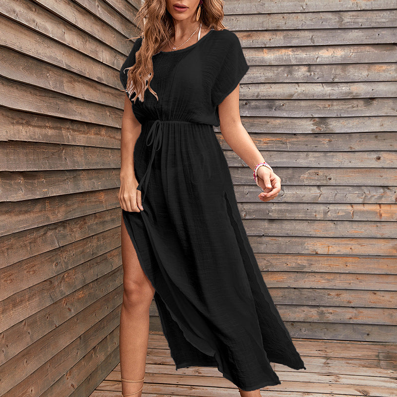 Sexy côté fendu bord de mer vacances robe de plage décontracté couleur unie Maxi robe Protection solaire pull tenue décontractée