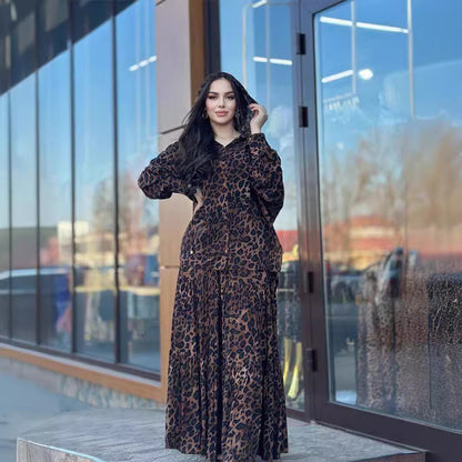 Women Casual Set Leopard Print Hooded Long Sleeved Shirt Pleated Stitching Skirt Sets