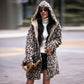 Autumn Winter Elegant Women Hooded Long Sleeve Loose Pockets Mid Length Cardigan Fluffy Leopard Coat Women