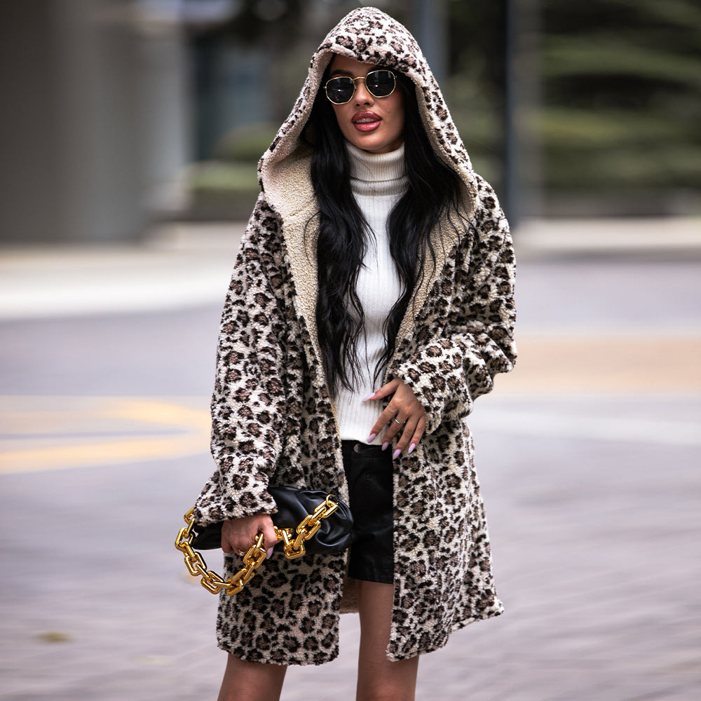 Autumn Winter Elegant Women Hooded Long Sleeve Loose Pockets Mid Length Cardigan Fluffy Leopard Coat Women