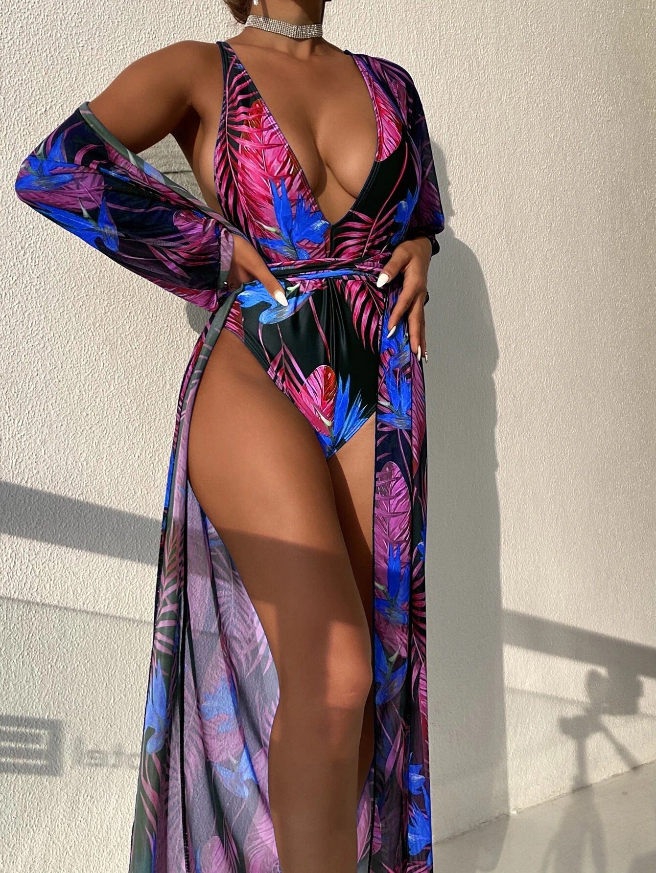 Swimsuit Women One Piece Printed Mesh Two Piece Blouse Bikini Suit